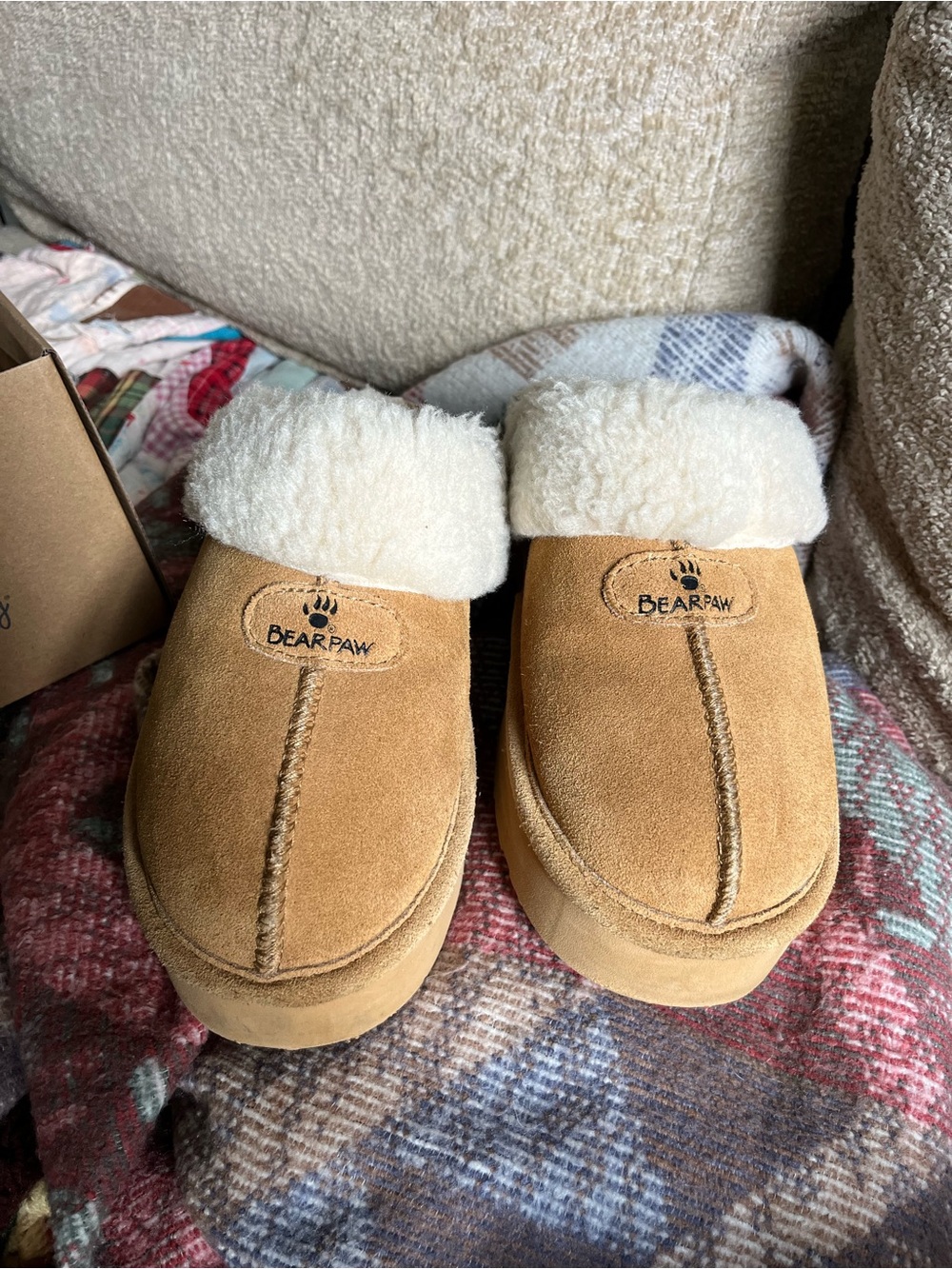 Bearpaw “Snuggle Martis” Tan Suede Shearling-Lined Slippers